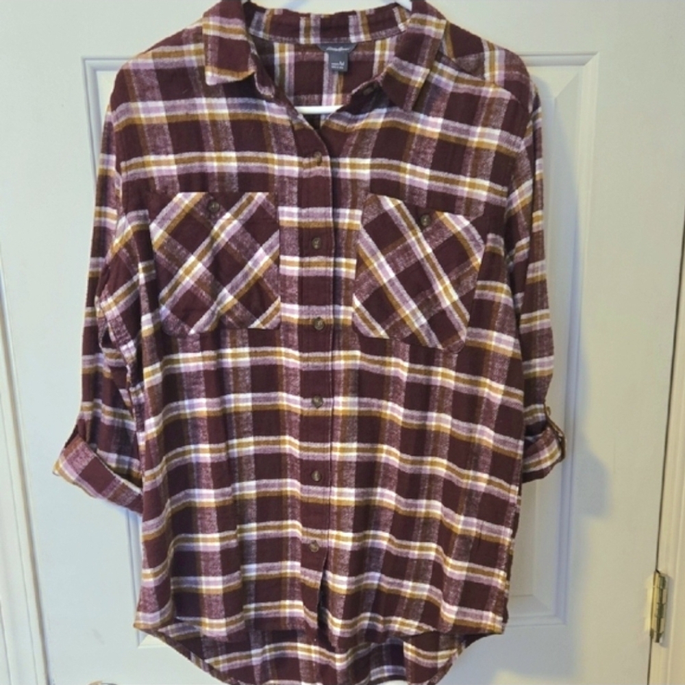 NWT Eddie Bauer Merlot, White, Mustard Flannel Button Up Shirt